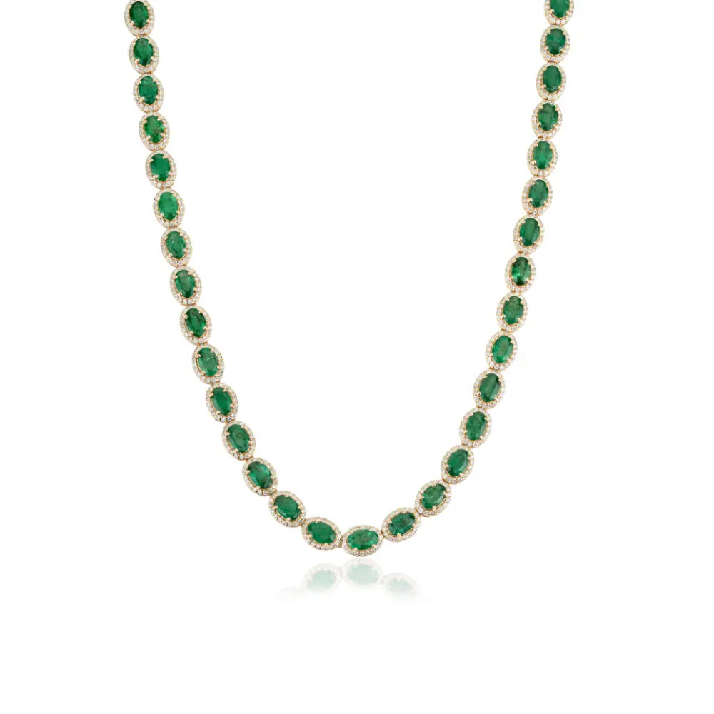 Luxurious 22.13 Ct. Emerald & Diamond Halo Tennis Necklace K18 Yellow Gold Wedding Jewelry