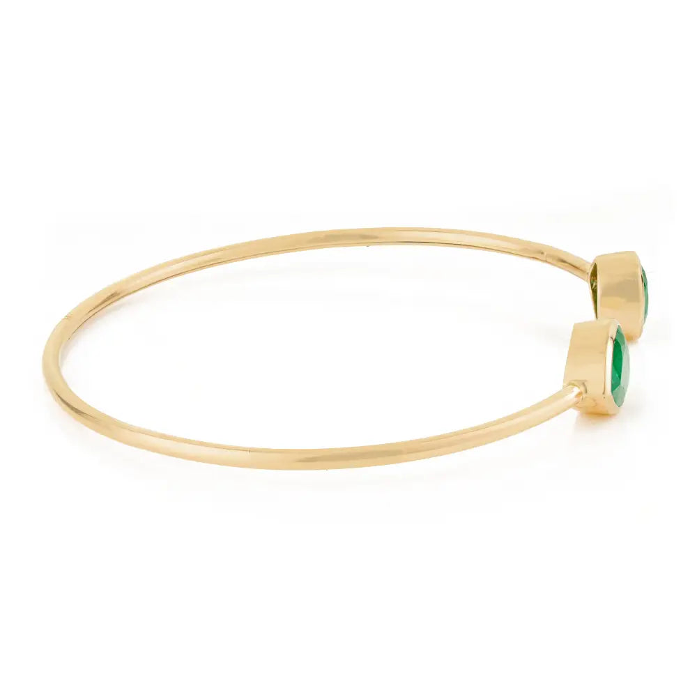 Real 14K Yellow Gold Emerald Gemstone Flexible Cuff Bangle For Unisex Stackable Jewelry