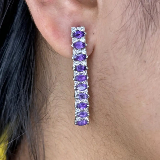 Wholesale Custom Amethyst & American Diamond Straight Dangle Earrings Rhodium Plated Jewelry