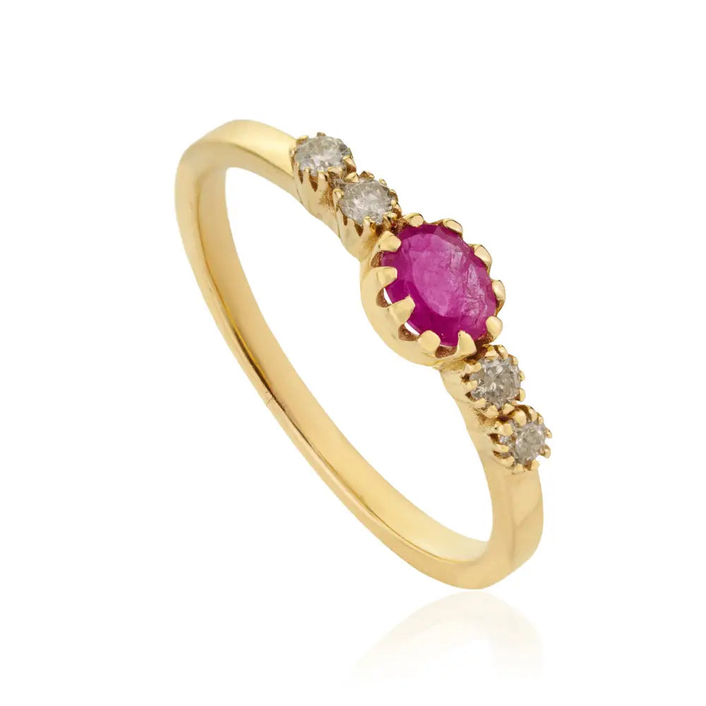 Pinion Bezel Set Ruby & Diamond Minimalist Dainty Ring Solid 14K Real Yellow Gold Fine Jewelry