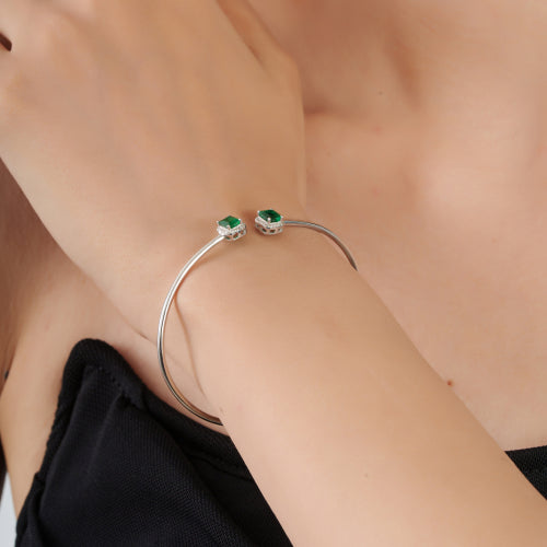 925 Silver Two Stone Natural Emerald & Diamond Halo Open Cuff Bangle For Women