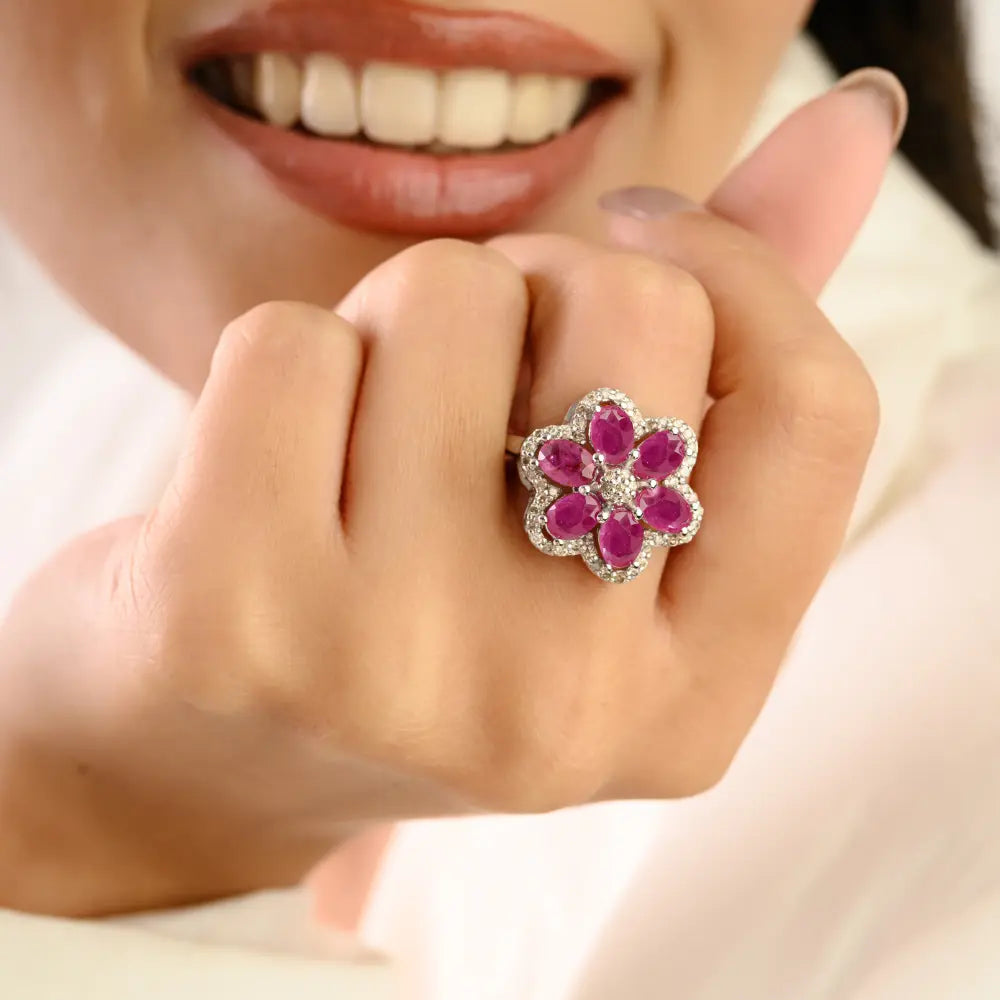 Natural Ruby and Diamond Floral Ring in 925 Sterling Silver