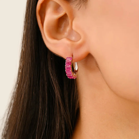 High Quality Genuine Ruby Small Hoop Earrings Anniversary Gift Solid 14K White Gold Jewelry