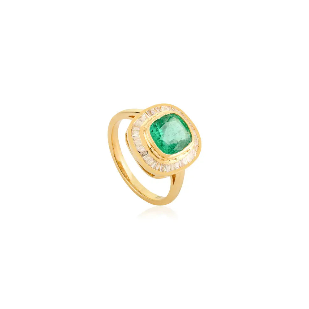May Birthstone Emerald & Diamond 18K Pure Yellow Gold Halo Engagement Ring Trendy Jewelry