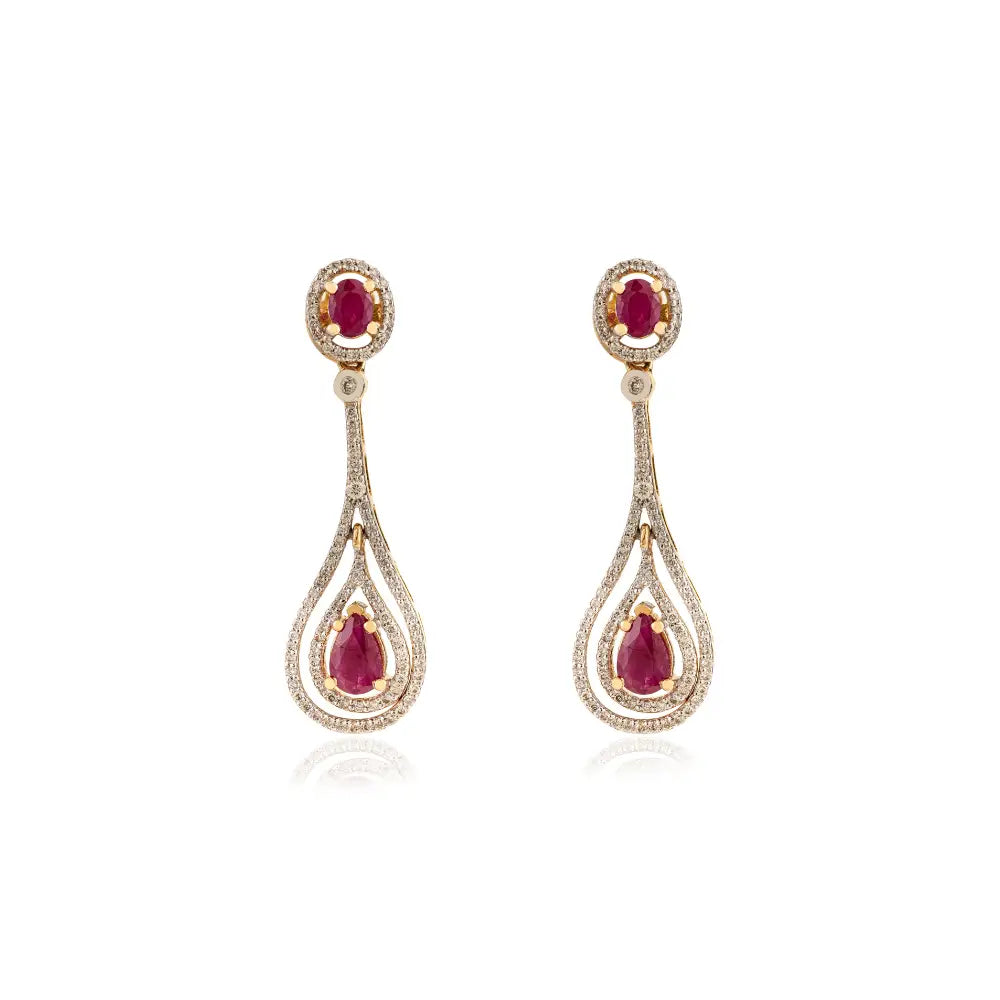 Prong Set Ruby & Diamond 18K Real Yellow Gold Teardrop Dangle Earrings July Birthstone