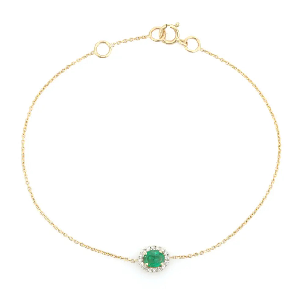 Delicate Simple Design 14K Gold Emerald & Diamond Solitaire Halo Bracelet Unisex Jewelry