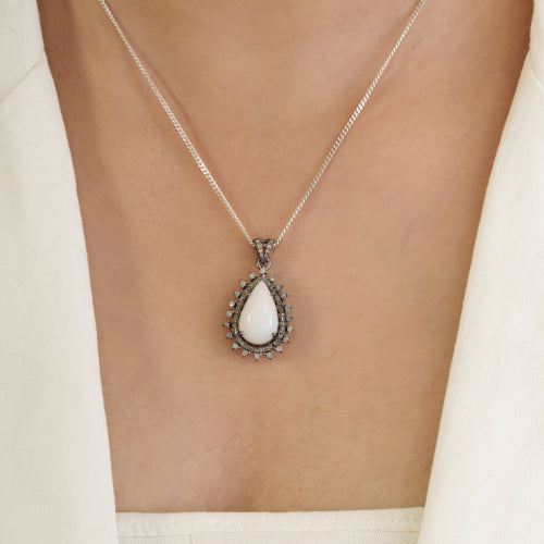 5CTW Pear Shape Natural Opal & Diamond Halo Pendant Fine Jewelry In 925 Sterling Silver