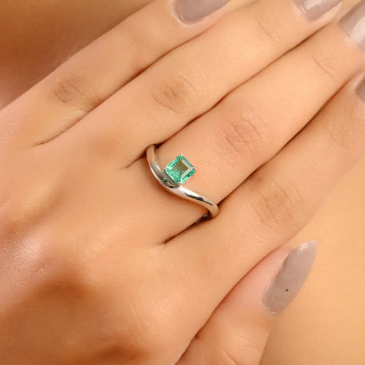 Prong Set Emerald Handmade 14K Solid White Gold Wavy Design Curve Ring Stacking Jewelry