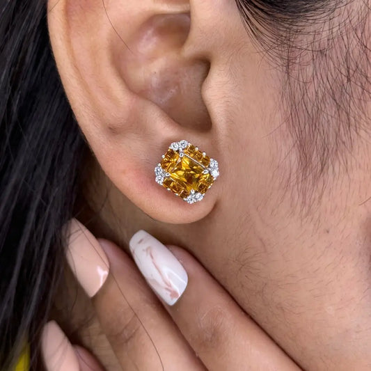 Natural Gemstone Citrine & American Diamond Minimal Stud Earrings Top Quality 925 Silver