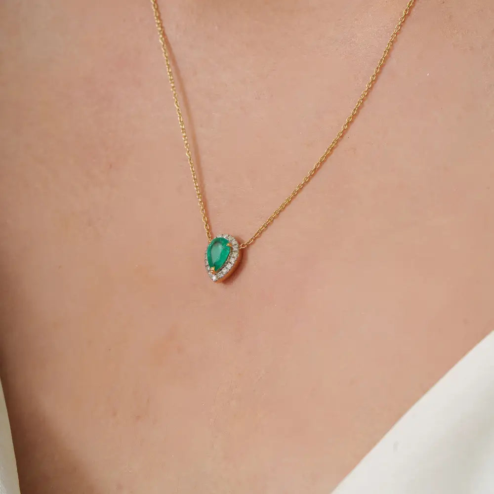 Pear Cut Emerald & Diamond Fine Minimalist Solitaire Halo Pendant Necklace 18K Yellow Gold