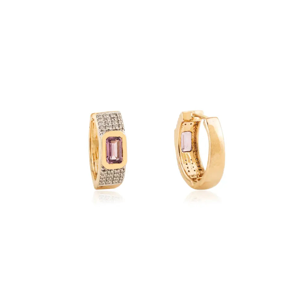 Pink Sapphire & Diamond 14K Yellow Gold Fine Hoop Earrings Customized Gemstone Jewelry