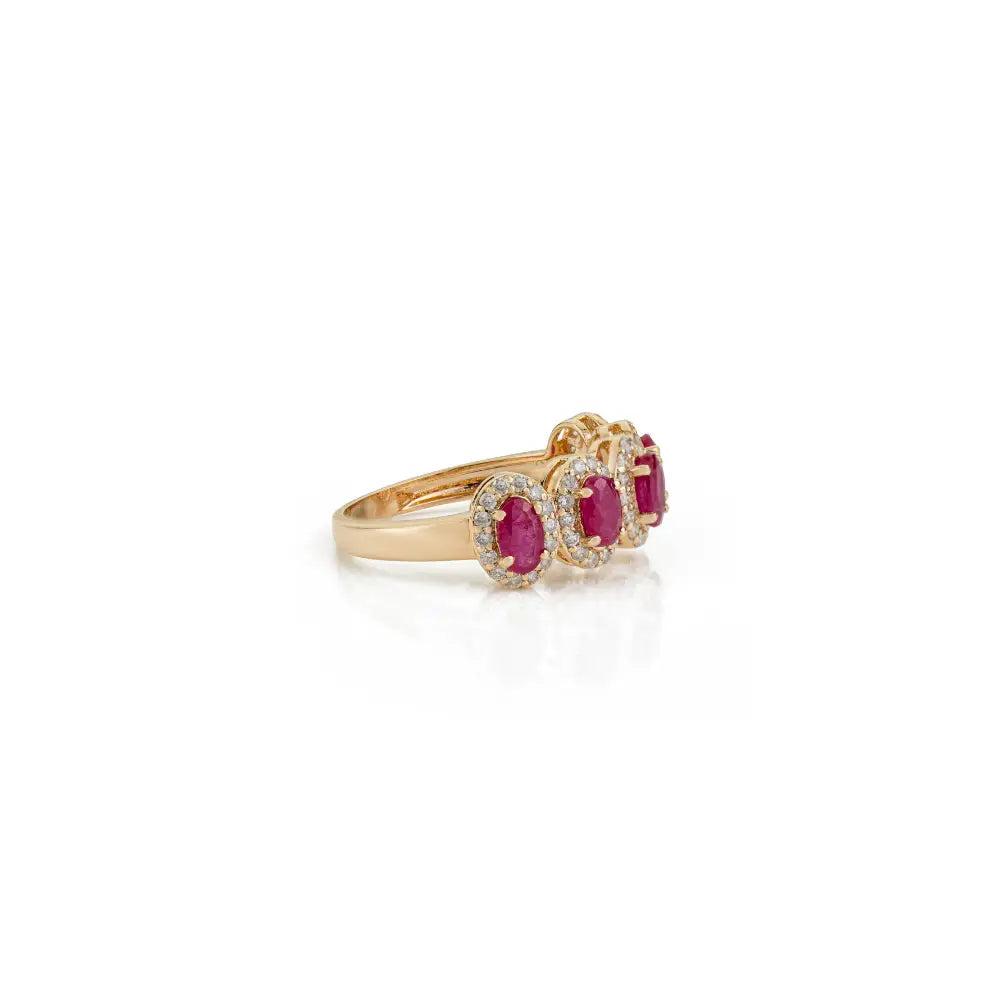 Hot Sale Ruby & Diamond Halo Five Stone Ring Handmade Trading 14K Solid Yellow Gold Jewelry