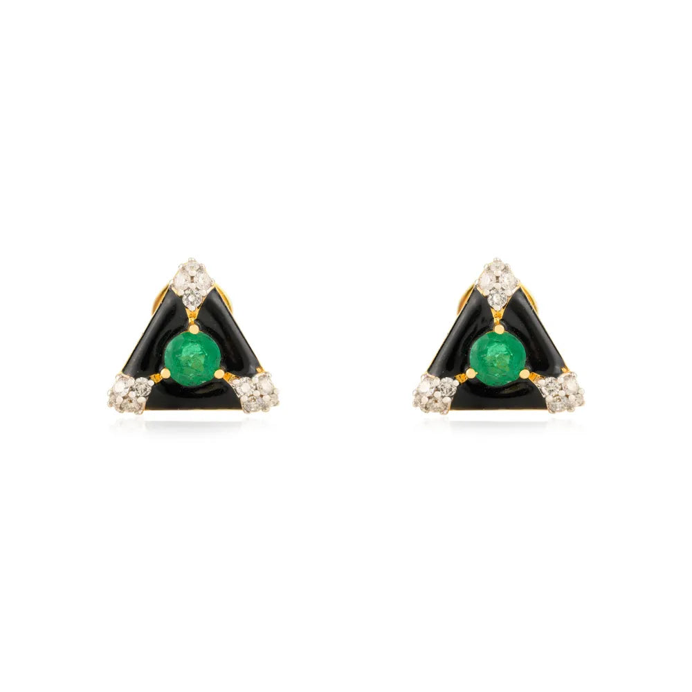 Emerald & Diamond Black Enamel Triangle Shape Stud Earrings Everyday Jewelry 14K Gold