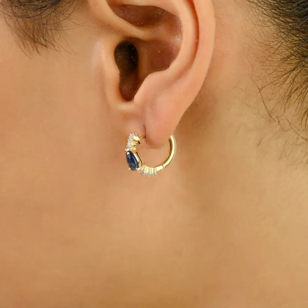 4X6 mm Pear Shape Blue Sapphire & Diamond K14 Yellow Gold Minimal Hoop Earrings