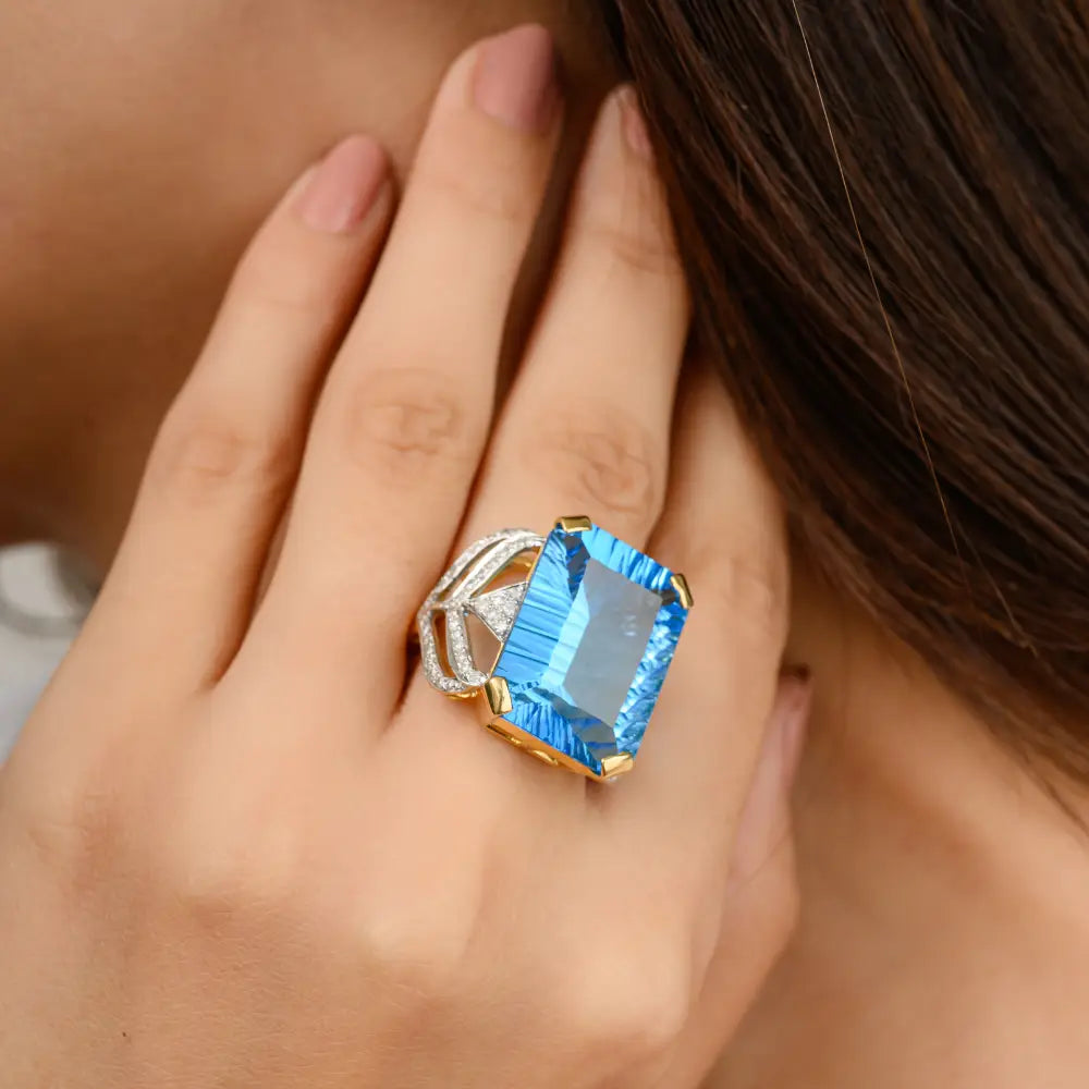 Unique Design Fine Blue Topaz & Diamond Statement Chunky Ring Wholesale Custom Jewelry