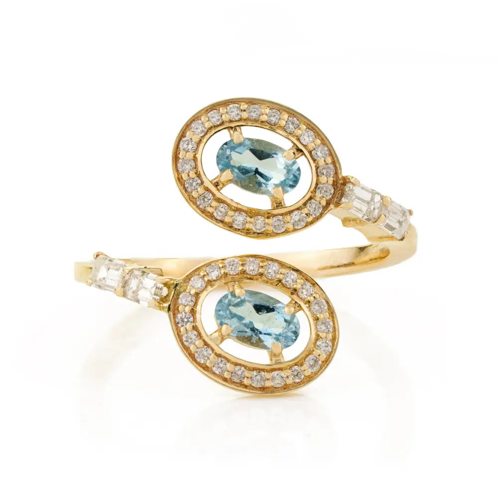 March Birthstone Aquamarine & Diamond 14K Yellow Gold Statement Bypass Ring New Jewelry