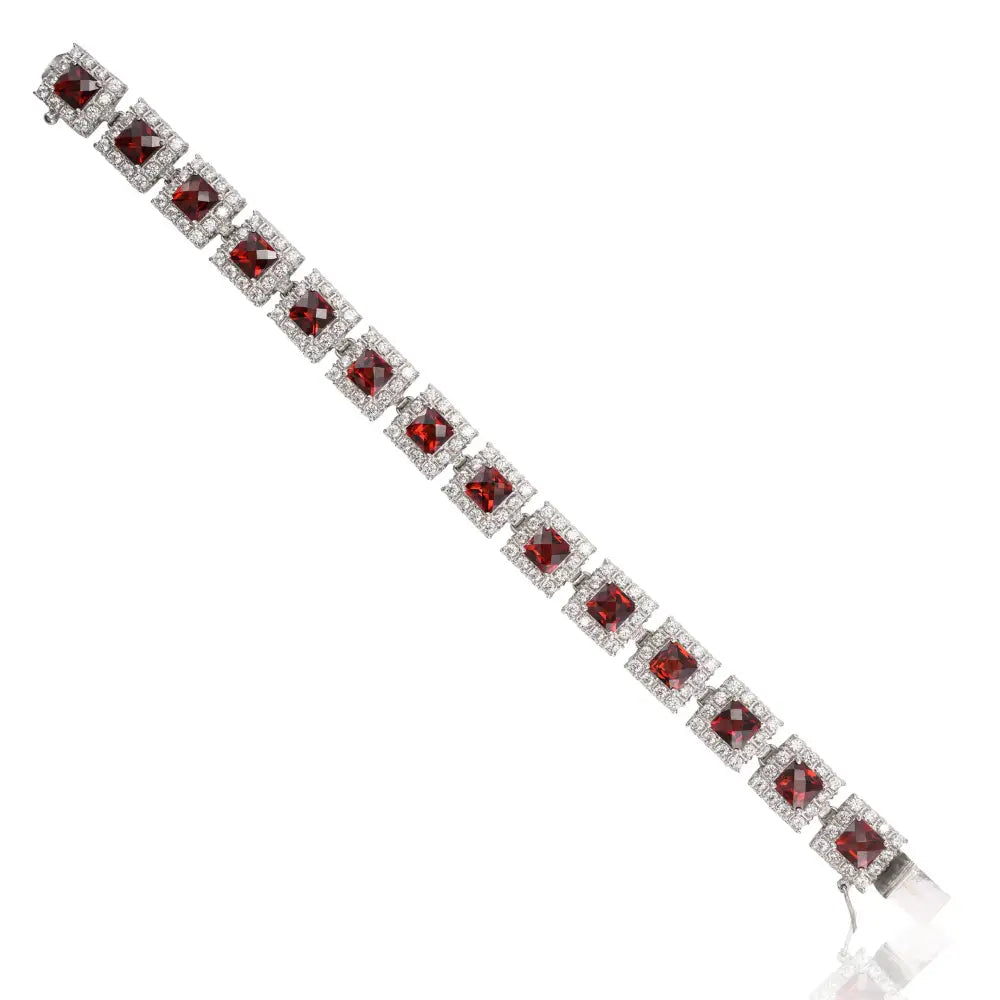 Cushion Cut Garnet & Round American Diamond Halo Tennis Bracelet Set In Pure 925 Sterling Silver