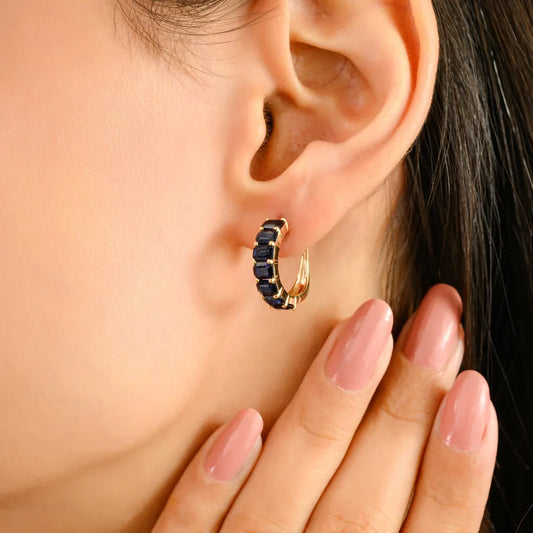 Natural Blue Sapphire Octagon Cut Small Hoop Earrings Solid 14K Yellow Gold Fine Jewelry