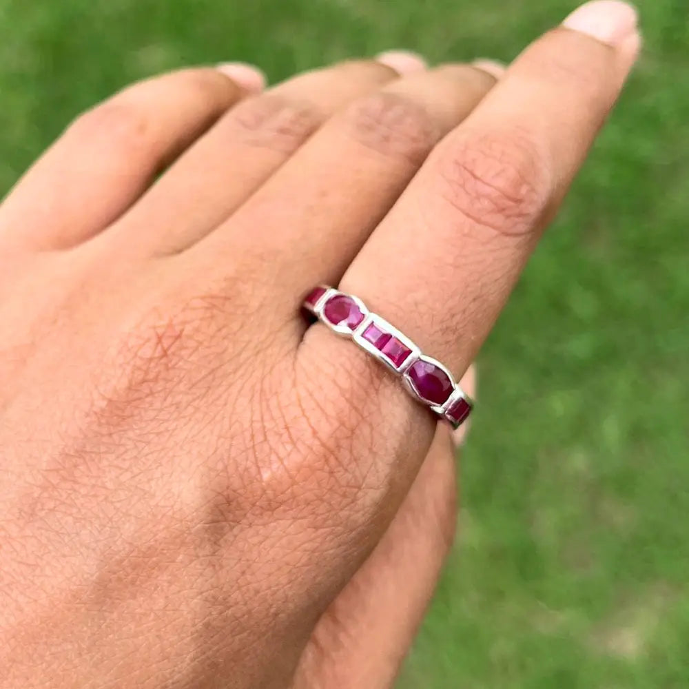 Best Selling Products Genuine Ruby Half Eternity Band Ring Set In Sterling 925 Silver Women Jewelry