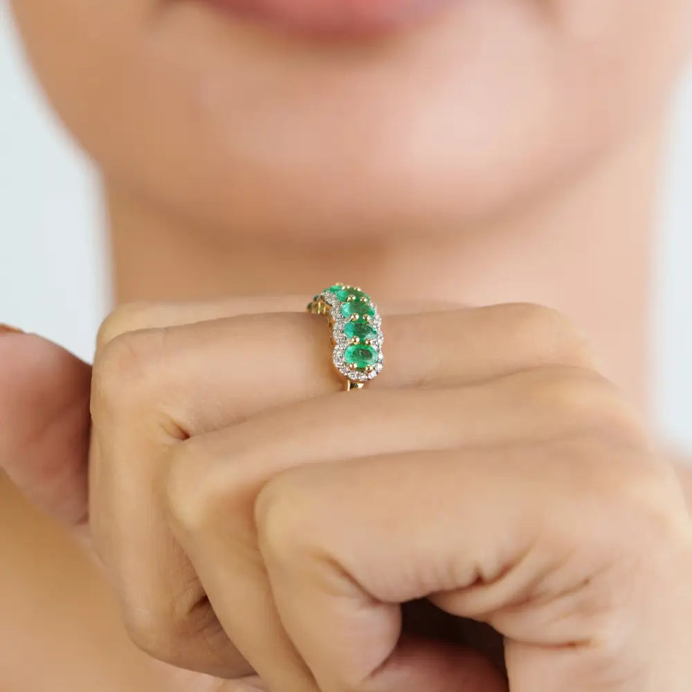 Best Wholesale Price Real Emerald & Diamond 14K Real Yellow Gold Half Eternity Band Ring Wedding Jewelry