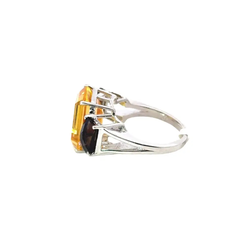 Wholesale Birthstone Jewelry Natural Citrine & Smoky Quartz Three Stone Ring Set In Prong Setting