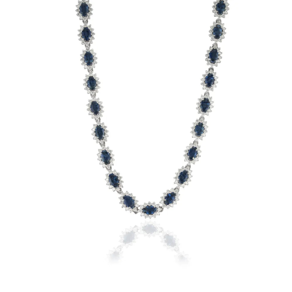 Prong Set Blue Sapphire & Diamond Fine Cluster Tennis Necklace For Women 14K Real White Gold Bold Jewelry