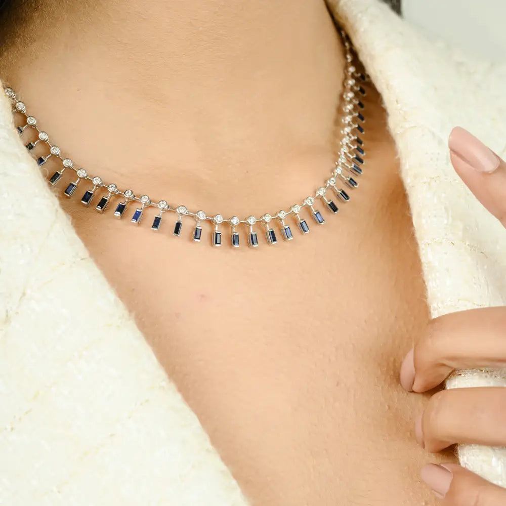 Real 18K White Gold Blue Sapphire & Diamond Choker Necklace Party Wear Jewelry