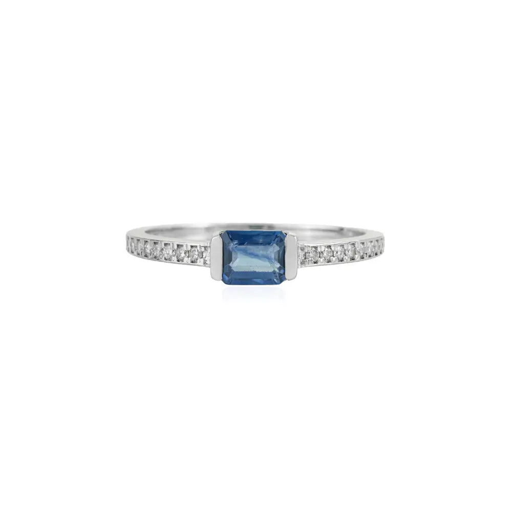 Half Bezel Set Blue Sapphire & Diamond Solid K14 White Gold Stacking Band Ring For Unisex