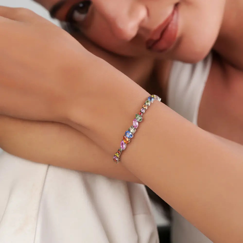 Mixed Shape Multi Sapphire Gemstone 18K Solid White Gold Tennis Bracelet Wedding Jewelry Manufacturer