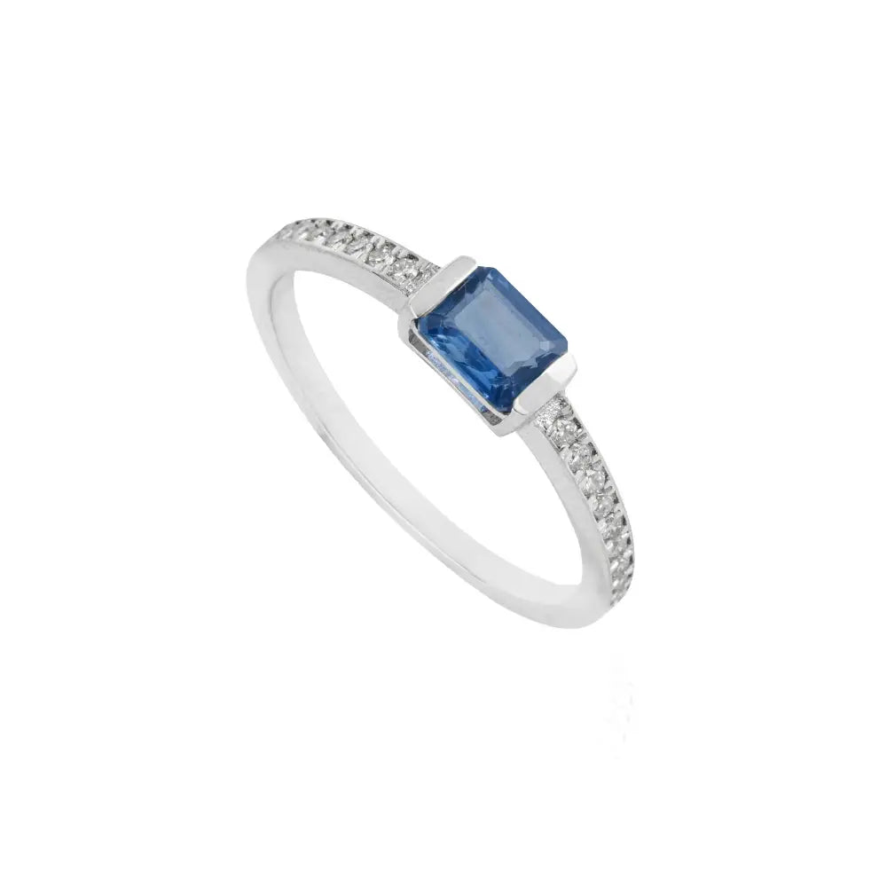 Half Bezel Set Blue Sapphire & Diamond Solid K14 White Gold Stacking Band Ring For Unisex