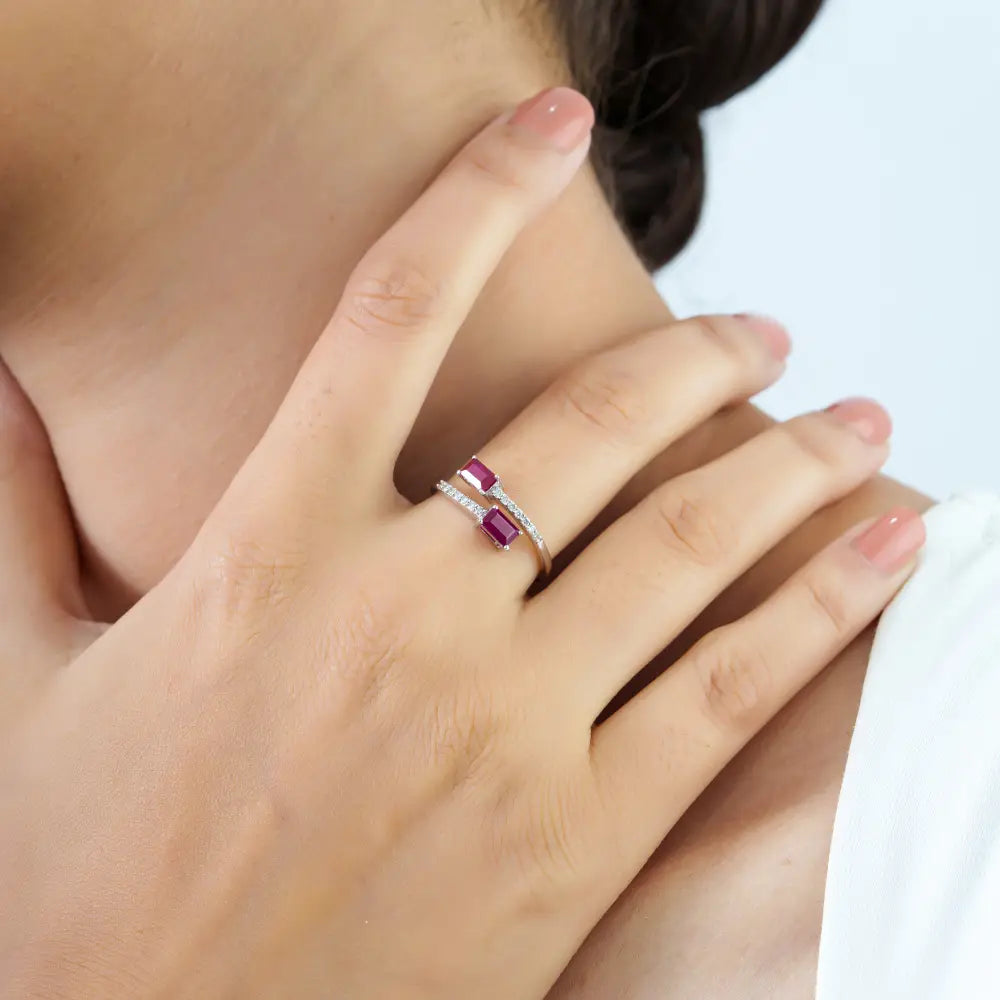 5x3mm Octagon Cut Ruby & Diamond Solid K14 White Gold Simple Bypass Ring Bulk Jewelry