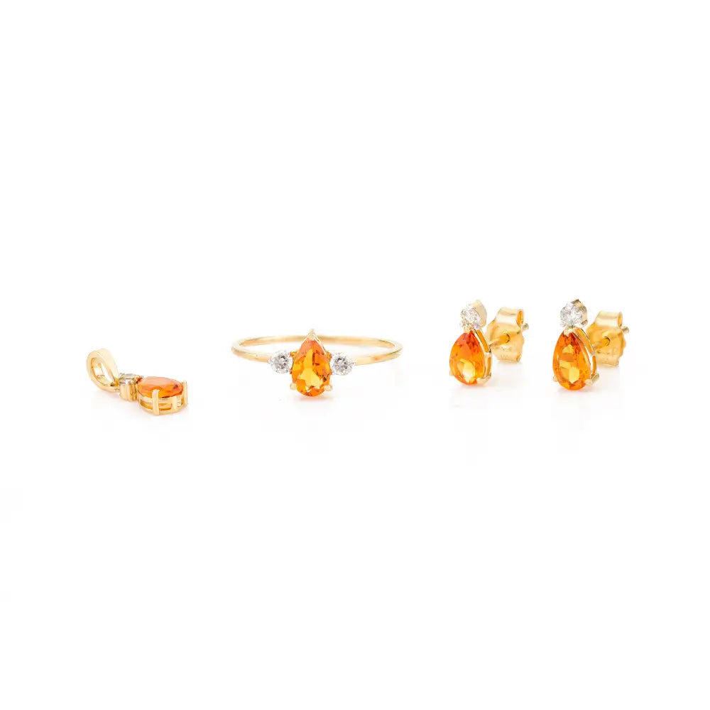 Ring Earrings & Pendant Citrine & Diamond 3 Pcs Combo Jewelry Set Solid Yellow Gold