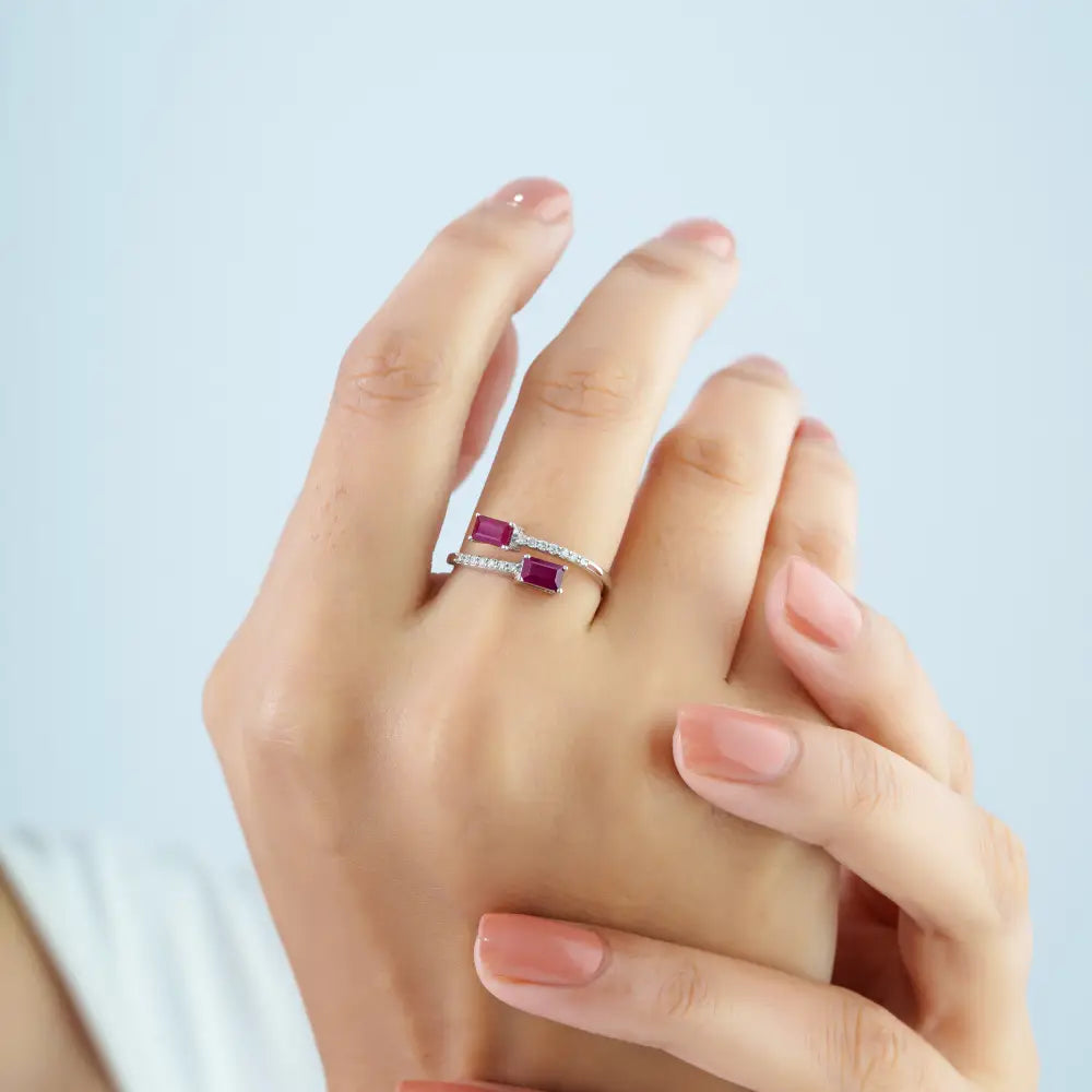 5x3mm Octagon Cut Ruby & Diamond Solid K14 White Gold Simple Bypass Ring Bulk Jewelry