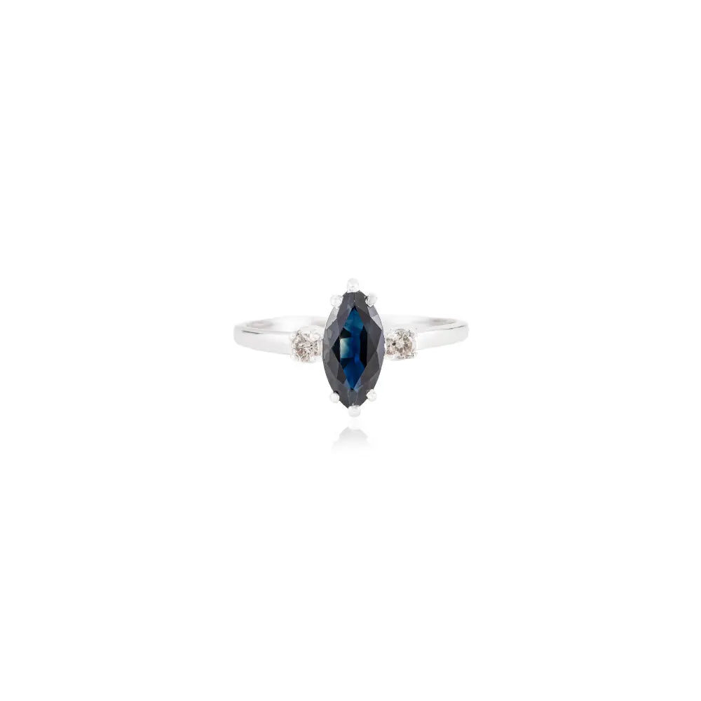 K14 White Gold Marquise Blue Sapphire & Round Diamond Engagement Ring Custom Jewelry