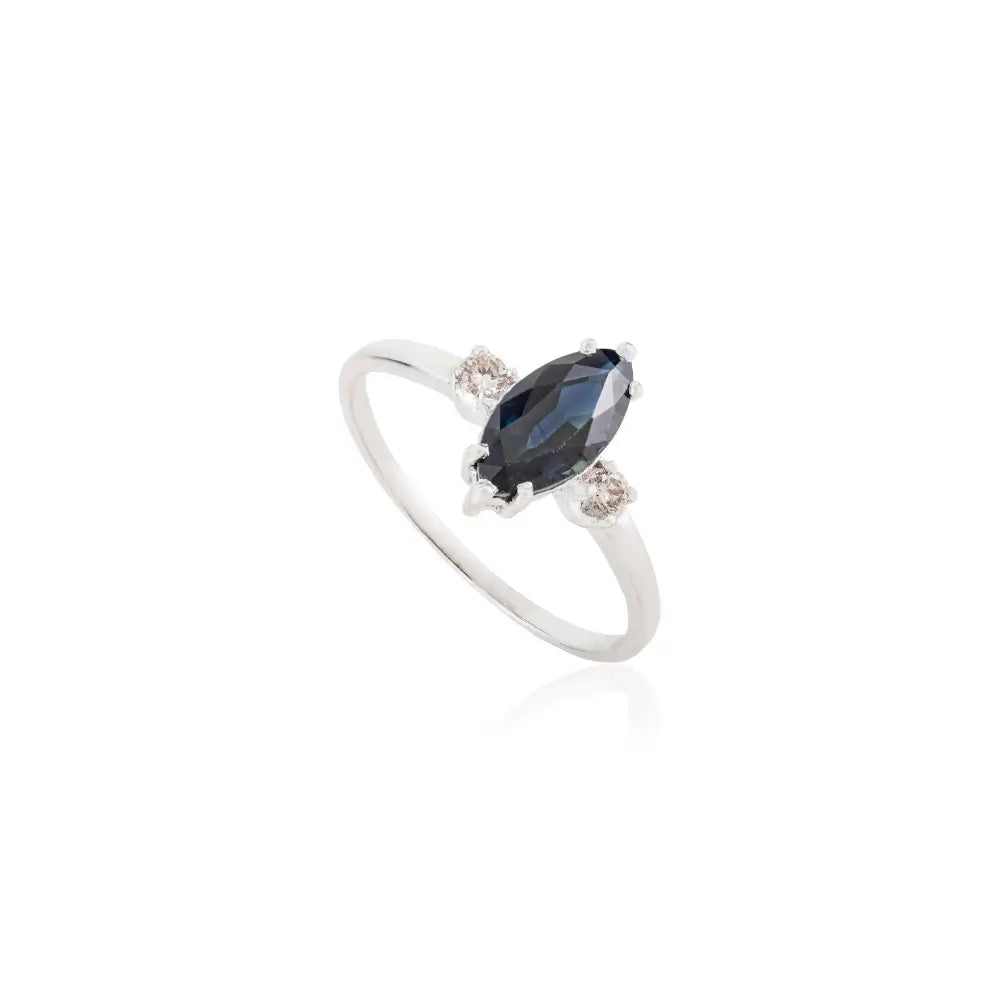 K14 White Gold Marquise Blue Sapphire & Round Diamond Engagement Ring Custom Jewelry
