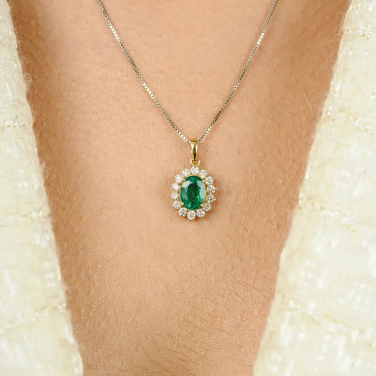 May Birthstone Genuine Emerald & Diamond Halo Cluster Pendant Solid K18 Yellow Gold