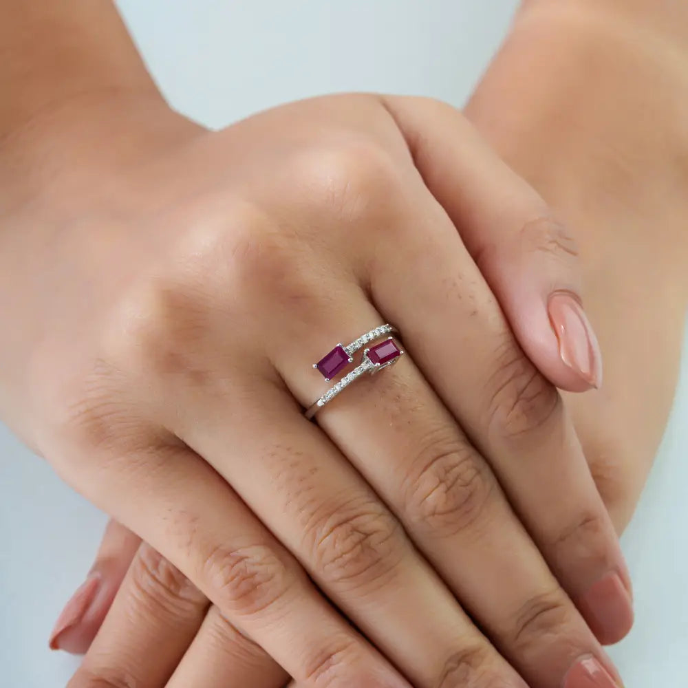 5x3mm Octagon Cut Ruby & Diamond Solid K14 White Gold Simple Bypass Ring Bulk Jewelry