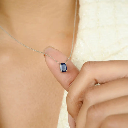 Minimalist Blue Sapphire Single Stone Pendant Necklace Solid K14 White Gold Jewelry