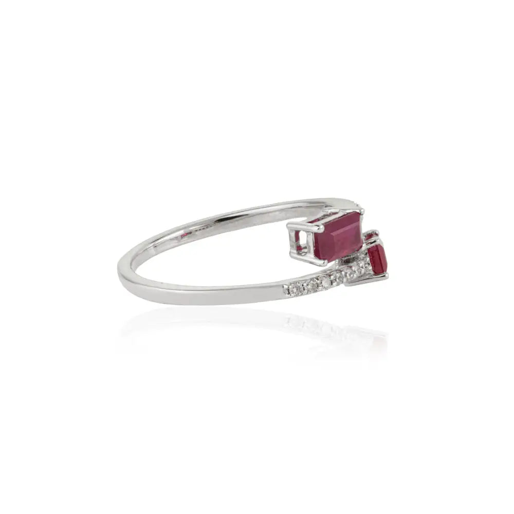 5x3mm Octagon Cut Ruby & Diamond Solid K14 White Gold Simple Bypass Ring Bulk Jewelry