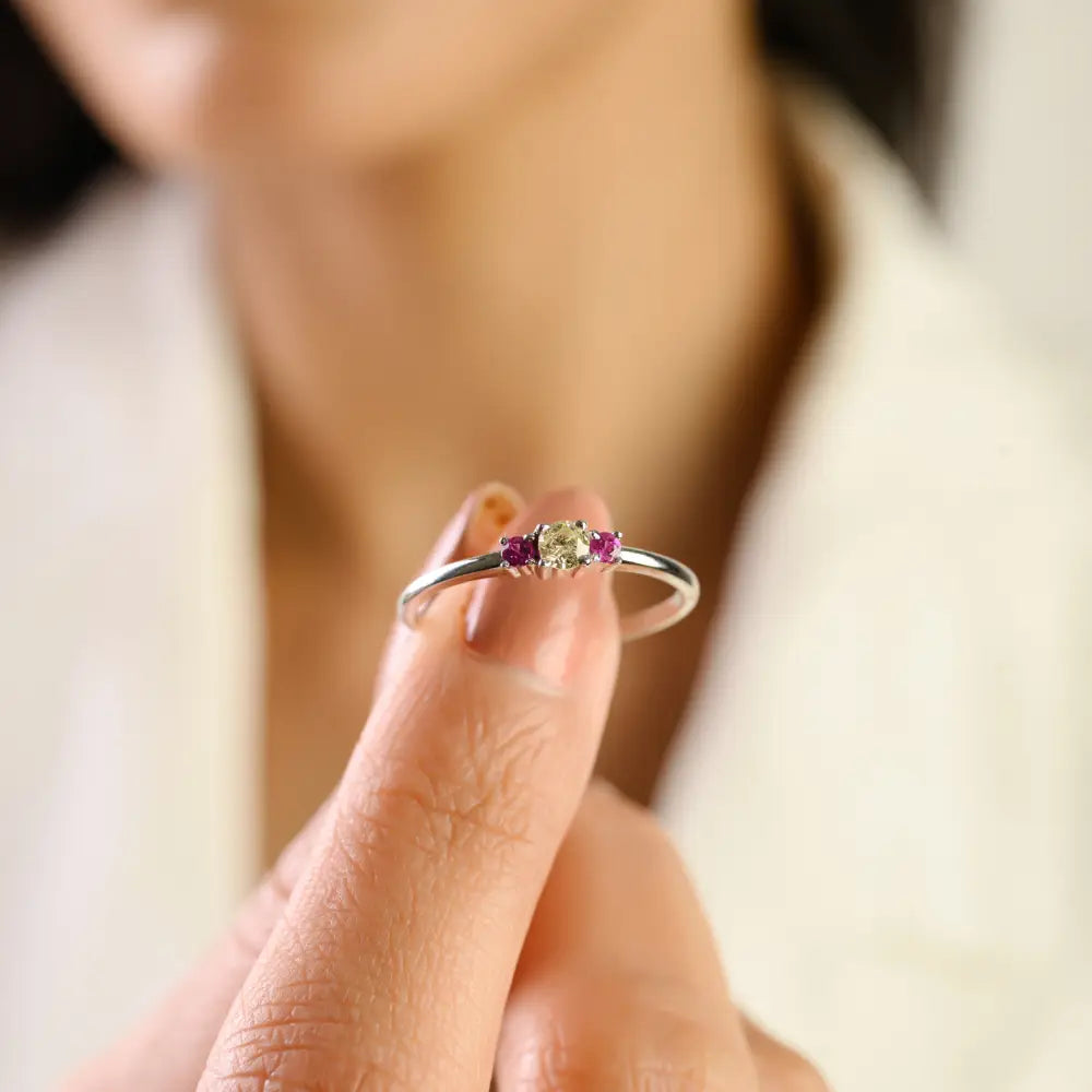 14K Real White Gold Round Cut Ruby & Yellow Diamond Minimal Gemstone Ring Fine Jewelry