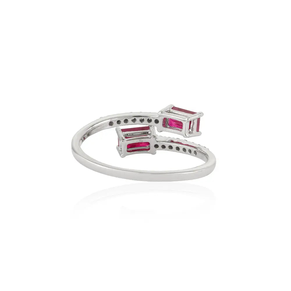 5x3mm Octagon Cut Ruby & Diamond Solid K14 White Gold Simple Bypass Ring Bulk Jewelry