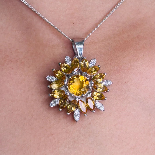 November Birthstone Real Yellow Citrine & Round Cut American Diamond Flower Pendant