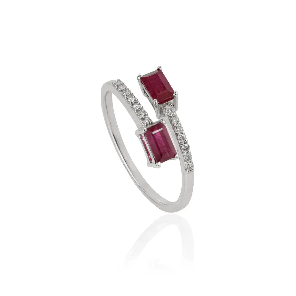 5x3mm Octagon Cut Ruby & Diamond Solid K14 White Gold Simple Bypass Ring Bulk Jewelry