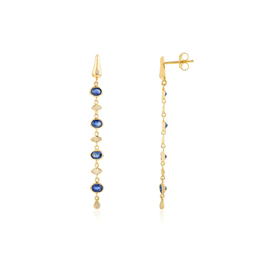 Women Wedding Jewelry Blue Sapphire & Diamond Long Dangle Earrings 18K Yellow Gold