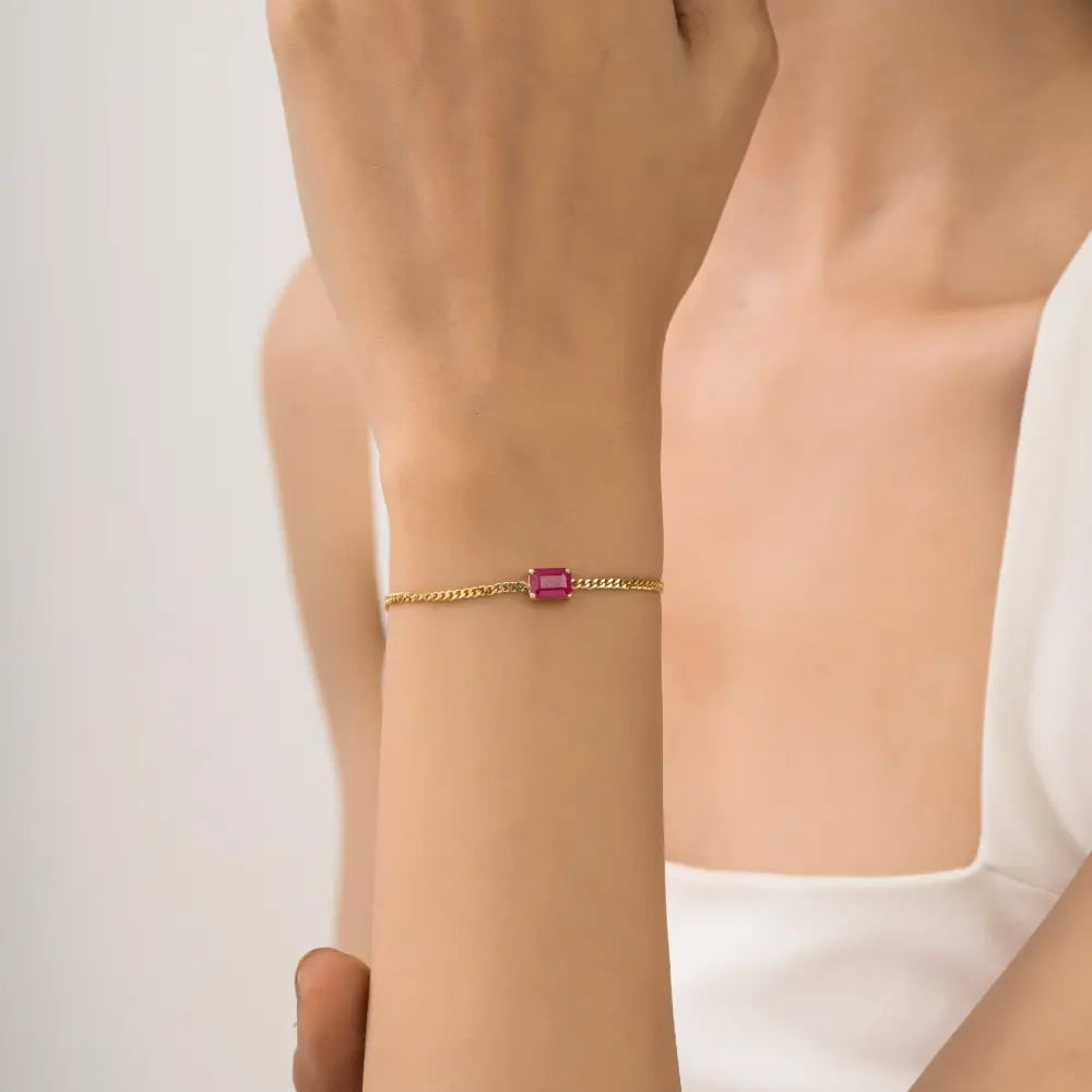 100% Genuine Octagon Cut Ruby Single Stone Cuban Link Chain Bracelet Solid 14K Yellow Gold