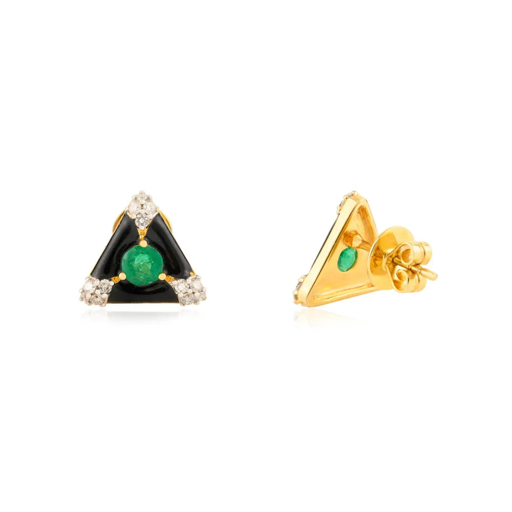 Emerald & Diamond Black Enamel Triangle Shape Stud Earrings Everyday Jewelry 14K Gold