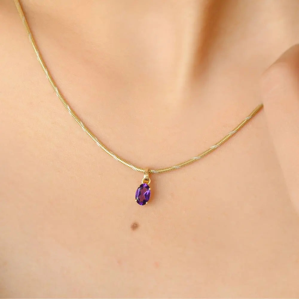 Delicate Jewelry Natural Amethyst 18K Solid Yellow Gold Oval Cut Pendant