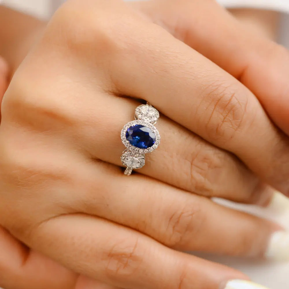 Handmade Luxury Jewelry Natural Blue Sapphire & Diamond 18K Solid White Gold Three Stone Ring