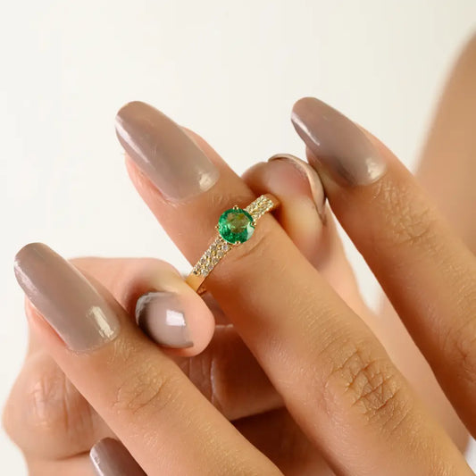 Round Brilliant Cut Emerald & Diamond 14K Yellow Gold Double Layer Band Ring Stackable Jewelry