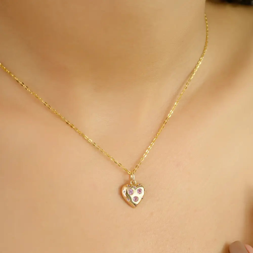 Gypsy Set Pink Sapphire Gemstone Heart Shape Pendant Solid 14K Yellow Gold Gift For Her